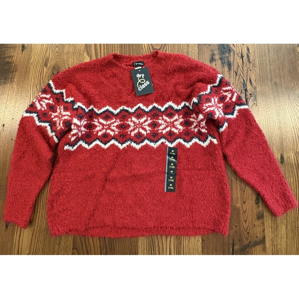 Art Class Girls Fuzzy Crewneck Pullover Sweater Red Size M (7/8) NWT